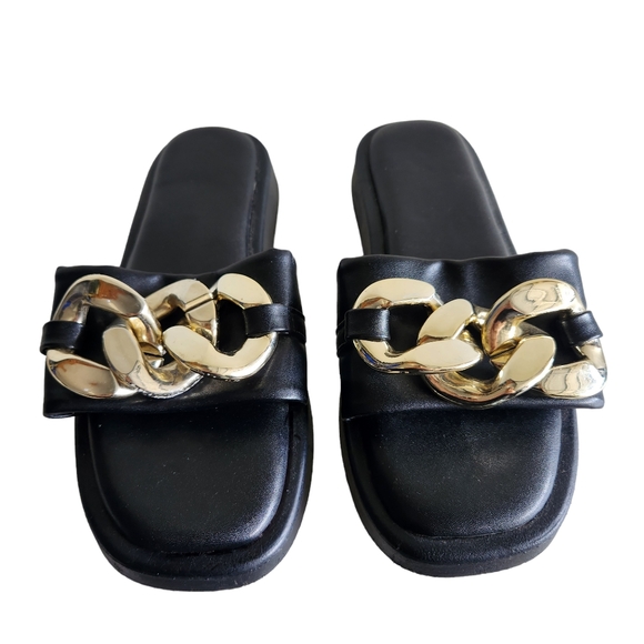 Black Chunky Chain Flat Sandal Slip On Slides Size 10 - Picture 5 of 12